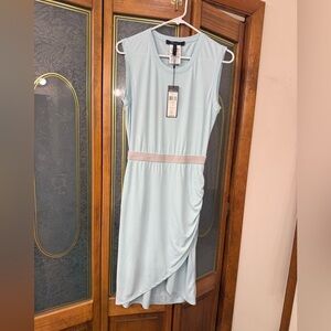 BCBG Light Blue Asymmetrical Midi Dress with Pale Gray Waist, BRAND NEW